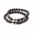 New Design Micro CZ Pave Cross Charm Natural Black Agate Elastic Beads Bracelet Men JBS12147
