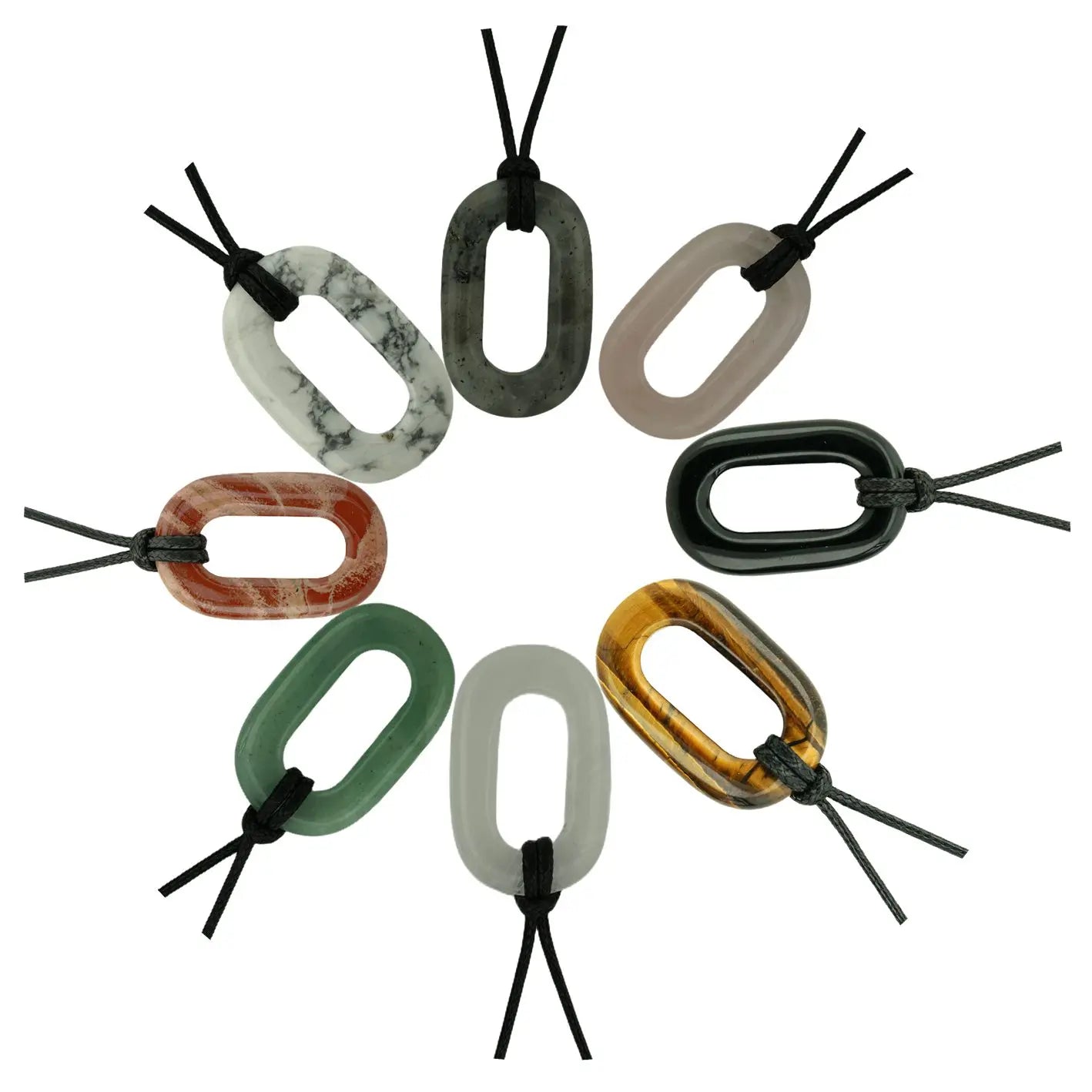 Wholesale Multiple Healing Crystal Stones Charm Pendant 0-Shape Gemstones Pendant Necklace with Black Weave Rope Chain