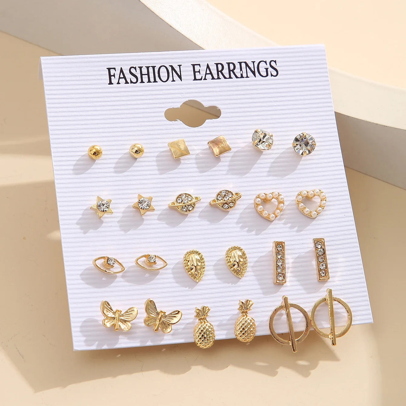 Vintage Heart Butterfly Earring Set 12 Pair/Set Simple Stud Earrings for Women Diamond Love Heart Eyes Geometric Earrings Set