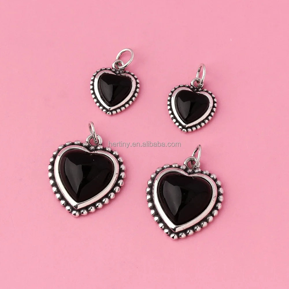 Vintage 925 Sterling Silver Black Enamel Heart Pendant Pendant for DIY Jewelry Making Supplies
