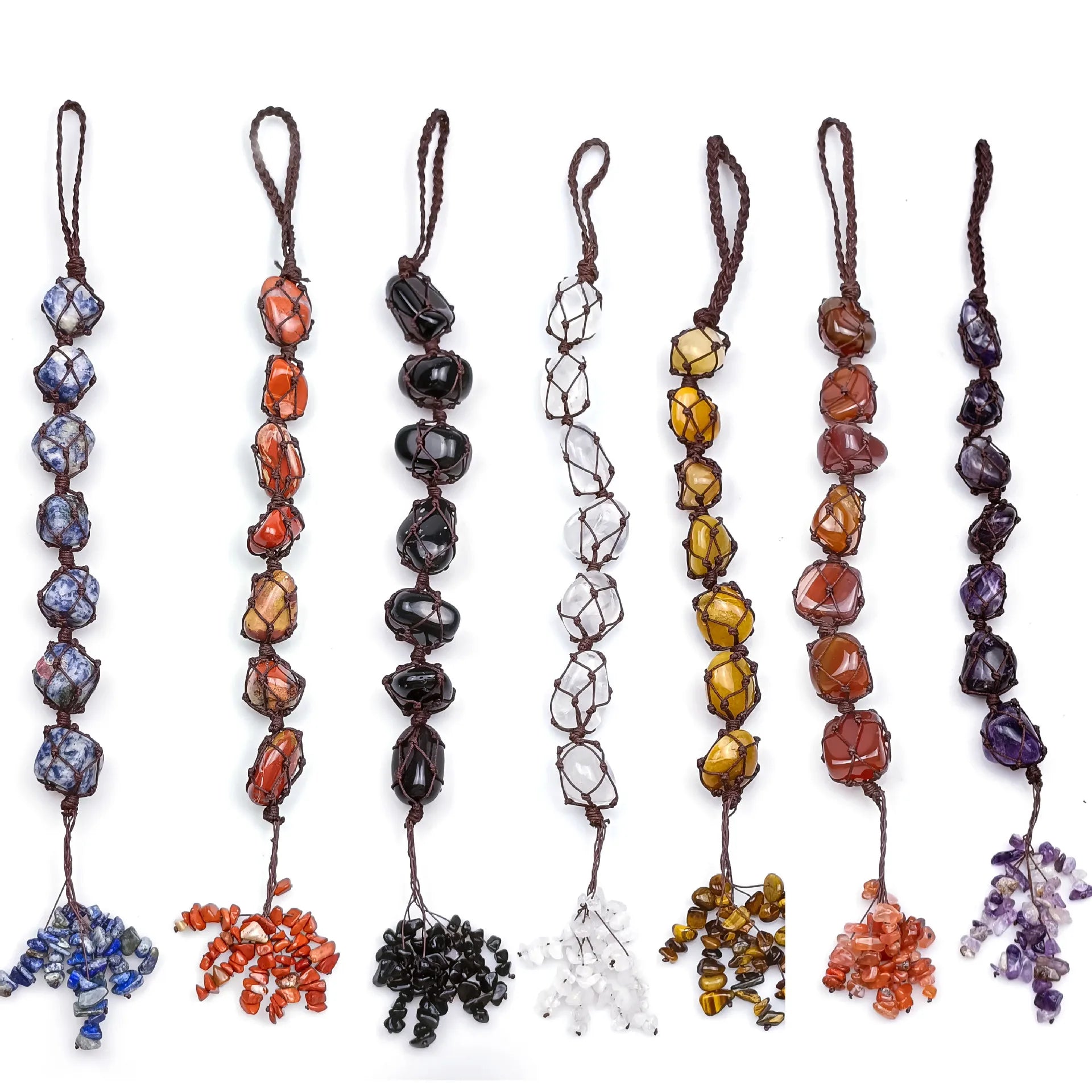 Single Color Natural Gem Stone Woven Car Pendants Agate Irregular Stone Hanging Braided Seven Chakra Crystal Car Pendant