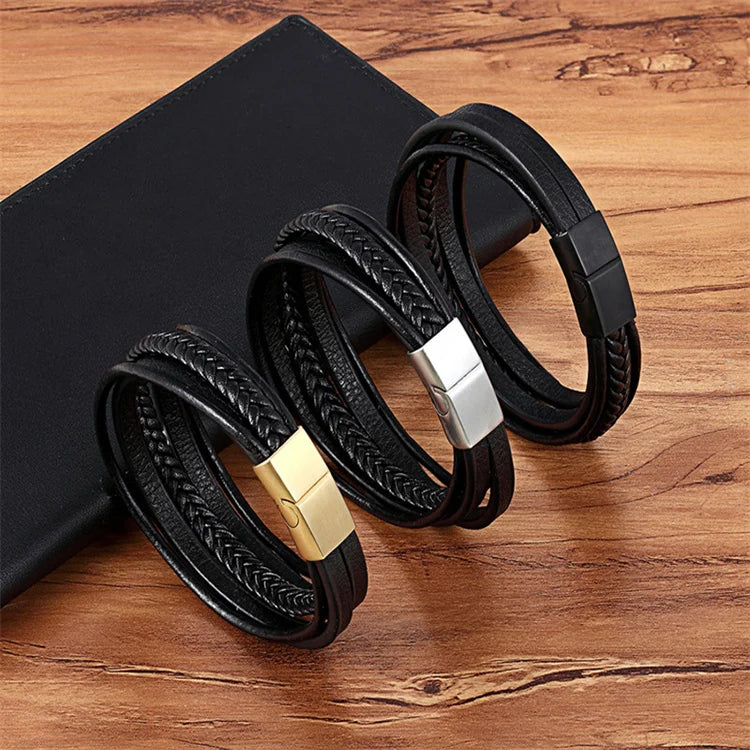 Wholesale Fashion Charm Custom Leather Jewelry Stainless Steel Multi-circle Men Braided Leather Bracelet