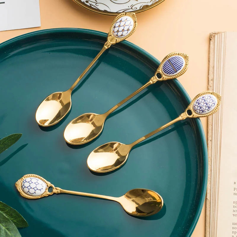 Light Luxury Stainless Steel Creative Coffee Spoon Ceramic Handle Stainless Steel Gold Stirring Spoon