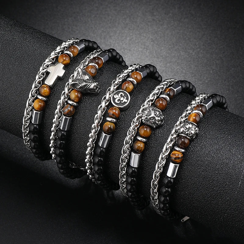tiger Eye Beaded Stone Bracelet Wholesale Stainless Steel Small Disc Natural Stone Bracelet Bracelet Men