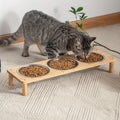 3 Bowls Natural Bamboo Elevated Cat Feeder Set with 3 Stainless Steel Bowls Anti-Vomiting Design for Indoor Pet Feeder
