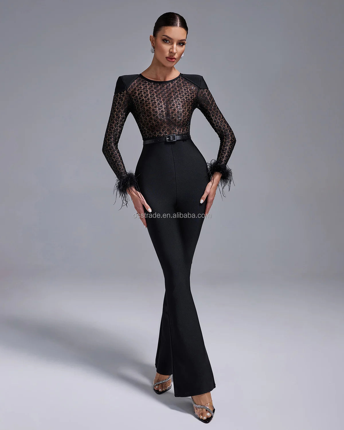 Ocstrade Fashion Black Bodycon Bandage Jumpsuits for Women Long Sleeve Mesh See Through Woman Party Skinny Sexy Jumpsuits Mujer