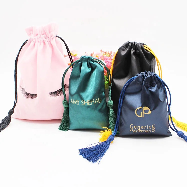 New OEM Brand White Silk Satin Drawstring Dust Packaging Gift Bag Custom Logo Custom Size Hair Extensions Luxury Promotional