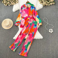 Trendy Tropical Style Color Contrast Long Sleeve Shirt and Long Pants 2 Pieces Women Set