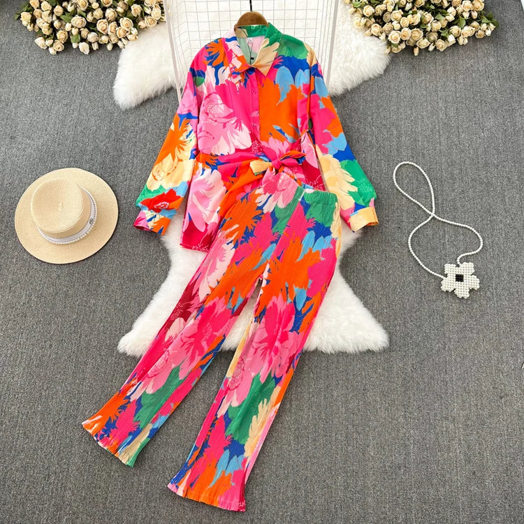 Trendy Tropical Style Color Contrast Long Sleeve Shirt and Long Pants 2 Pieces Women Set