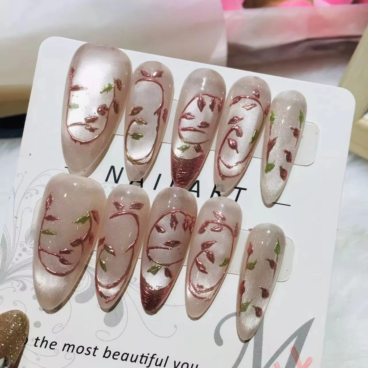 3D Painting Flower Leaf French Style Handmade Press ABS Stiletto Almond Cat Eye False Nail Tip Design Finger Artificial