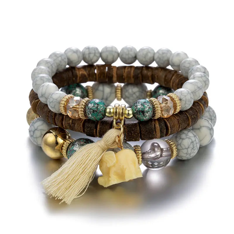 Wholesale Bohemian Fashion Pine Stone Beads Ornaments Elephant Tassel Wood Beads Multi-Layer Temperament Bracelet Set