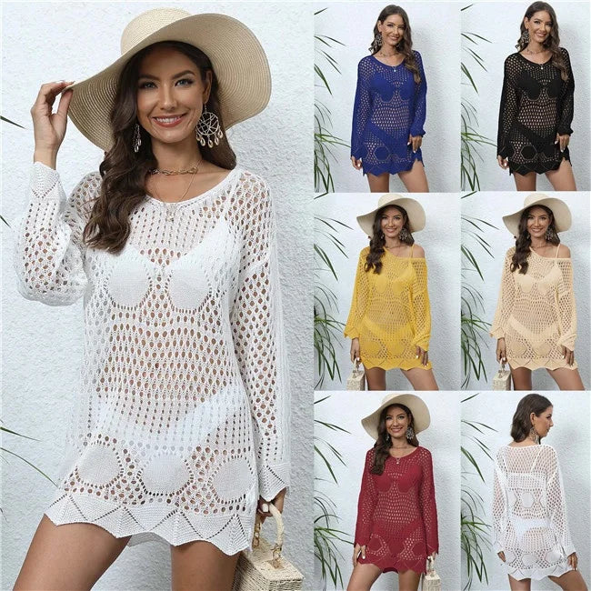 2023 Crochet White Knitted Beach Cover up Dress Tunic Swimwear Long Pareos Bikini Cover Ups Swim Beachwear