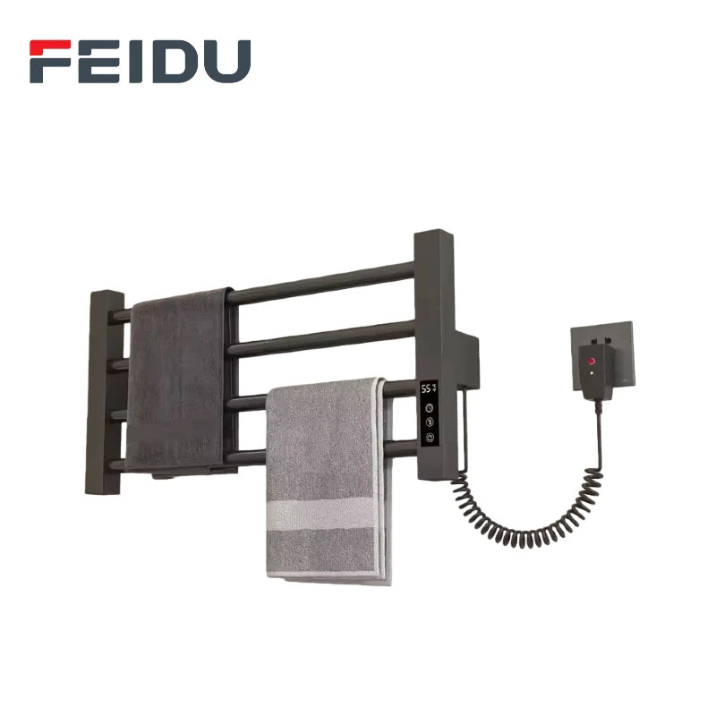 FEIDU Smart Electric Modern Wall-mounted 4-Bar Towel Rack Black Stainless Steel Heater Home Hotel Apartment Bathroom
