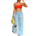 Liu Ming Wholesale Plus Size Women Casual Loose Wide Leg Pants Jeans Ripped High Waist Denim Trousers