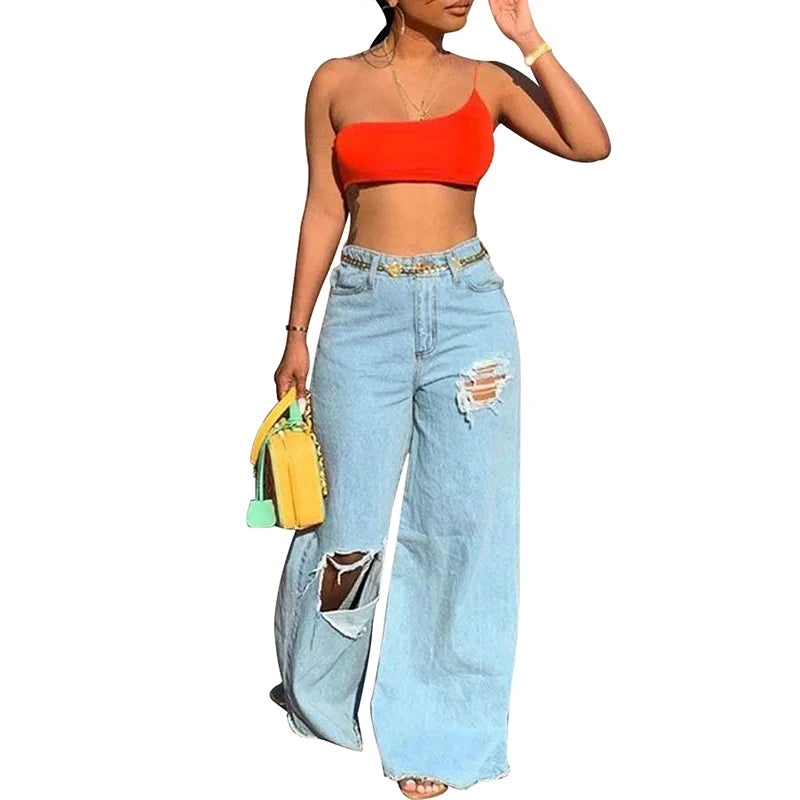 Liu Ming Wholesale Plus Size Women Casual Loose Wide Leg Pants Jeans Ripped High Waist Denim Trousers