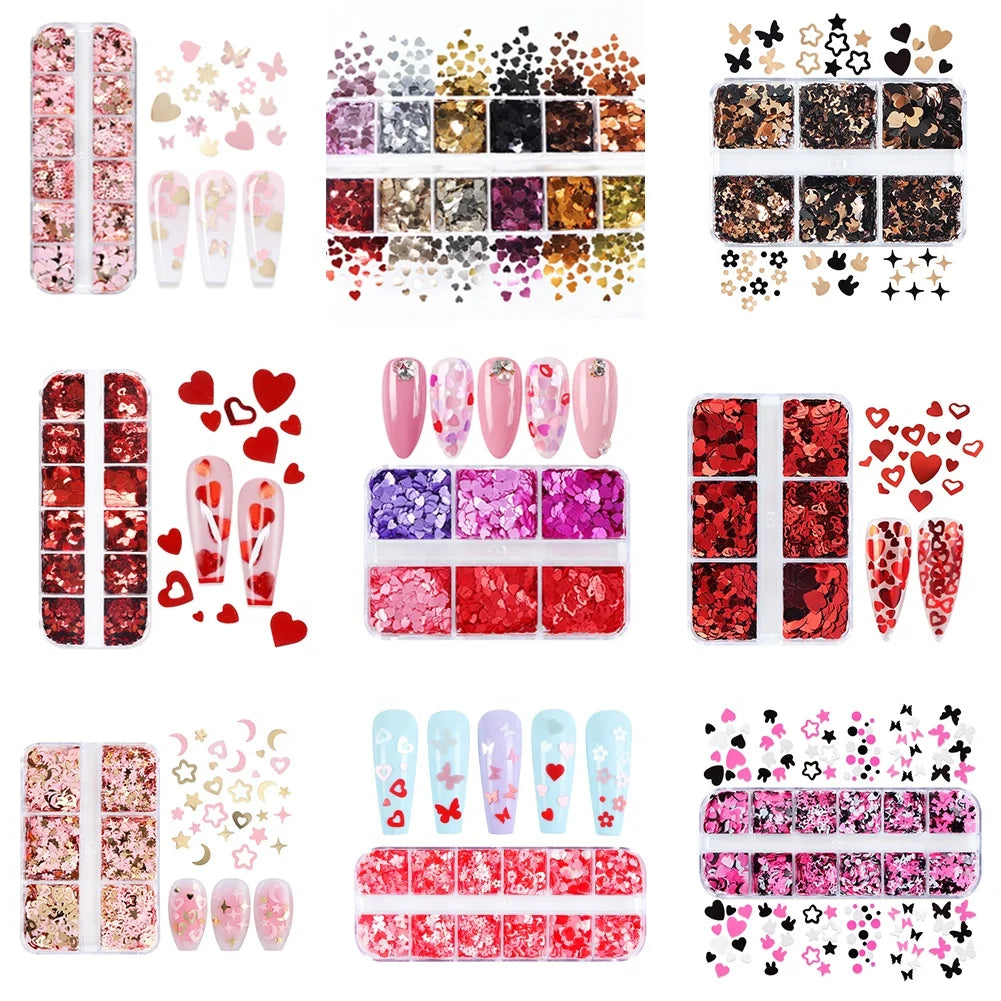 Valentine Nails Glitter Set Collection Heart Design Nail Rhinestones Charms 3D Holographic Nail Art Glitter
