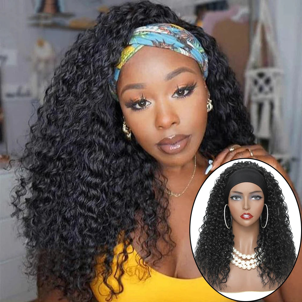 X-TRESS Headband Wig Medium Length Synthetic Machine Wigs Glueless 18" Kinky Curly High Temperature Fiber Fluffy Natural Wigs MegaBDM