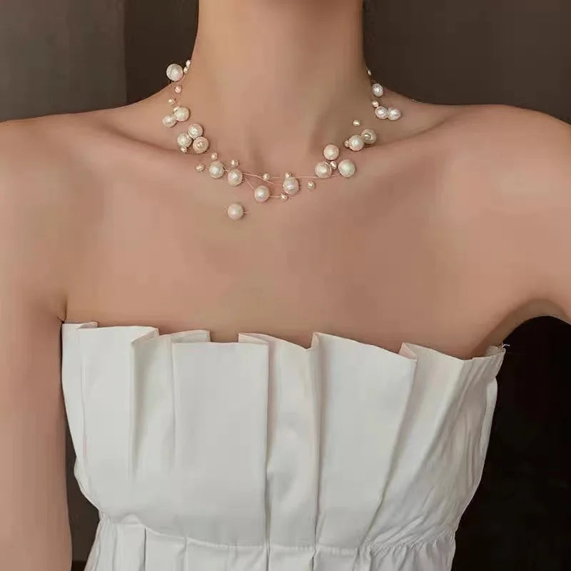 Minimalist Fish Wire Necklace Woven Braided Necklace Multi Layers Fresh Water Pearl Necklace for Women