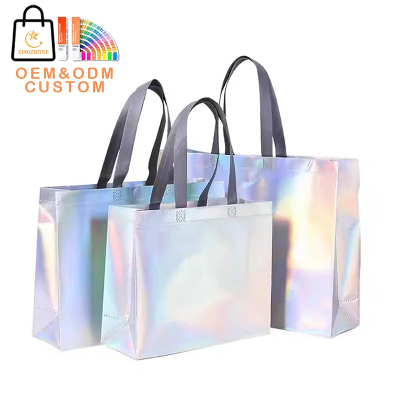 Customized Logo Clothing Store PP Woven Aluminum Laser Metallic Laminated Non Woven Bag Holographic Tote Shopping Bag for Gift