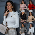 Chic Half Neck Buttons Deco Slim Warm Fashion Pullovers Knit Stylish Long Sleeve Ribbed Cardigan Women Bodycon Sweaters
