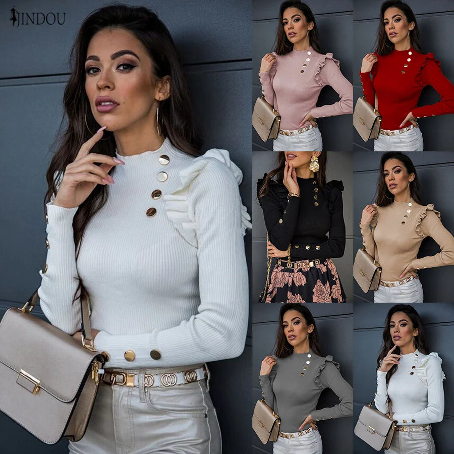Chic Half Neck Buttons Deco Slim Warm Fashion Pullovers Knit Stylish Long Sleeve Ribbed Cardigan Women Bodycon Sweaters