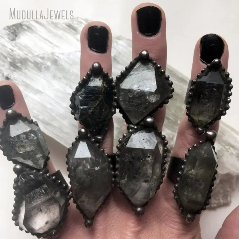 RM48852 Raw Herkimer Diamond Crystal Tibetan Quartz Double Terminated Hexagonal Prism Adjustable Rings Antique Silver Plated