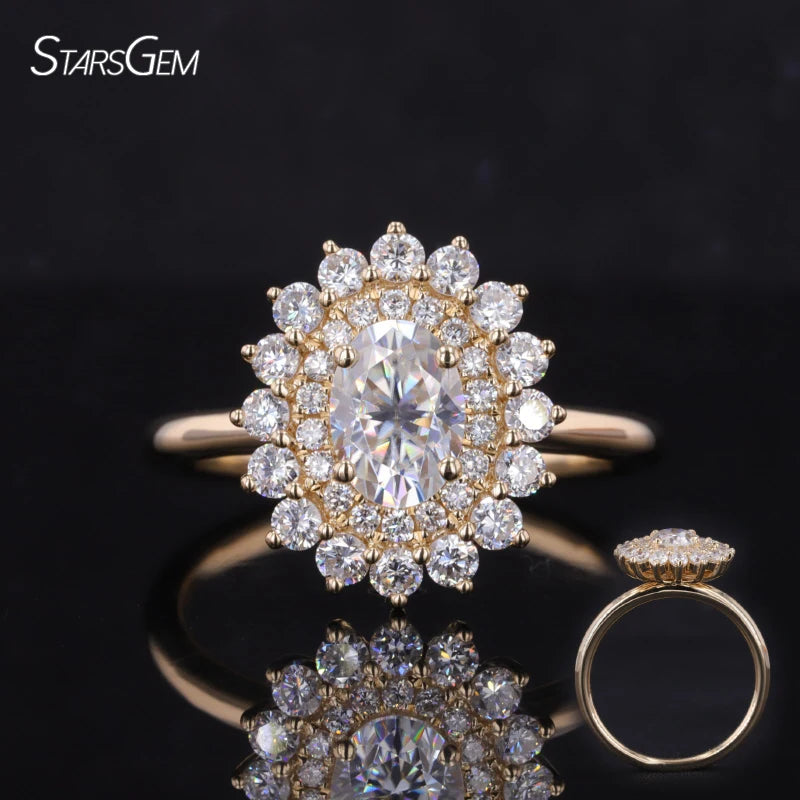 Starsgem Customize Moissanite Wedding Ring 14k Yellow Gold halo Style Oval Moissanite Fine Engagement Ring for Women