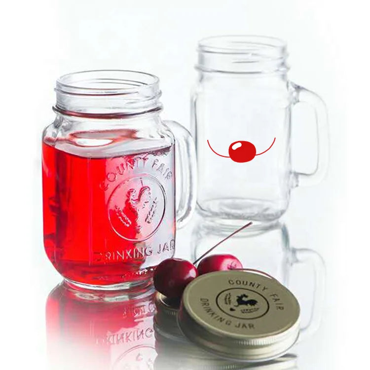 Embossed Handle Glass Beverage Mason Jar with Screw Cap for Holiday Business Souvenir & Gift Promotion