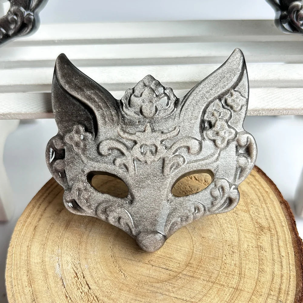 New Arrival Silver Obsidian Healing Stone Crystal Fox-Face Mask Carvings Natural Gemstone Crafts for Gift