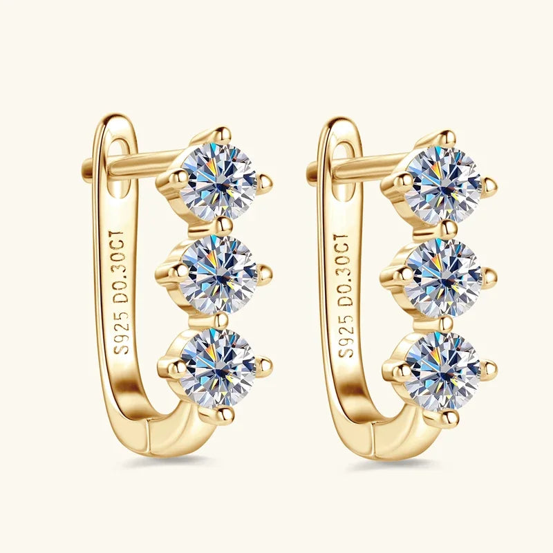 925 Sterling Silver 3-stone Hoop Huggie Earrings with 3mm D Color Moissanite U Shape Design Fine Jewelry Gift for Women
