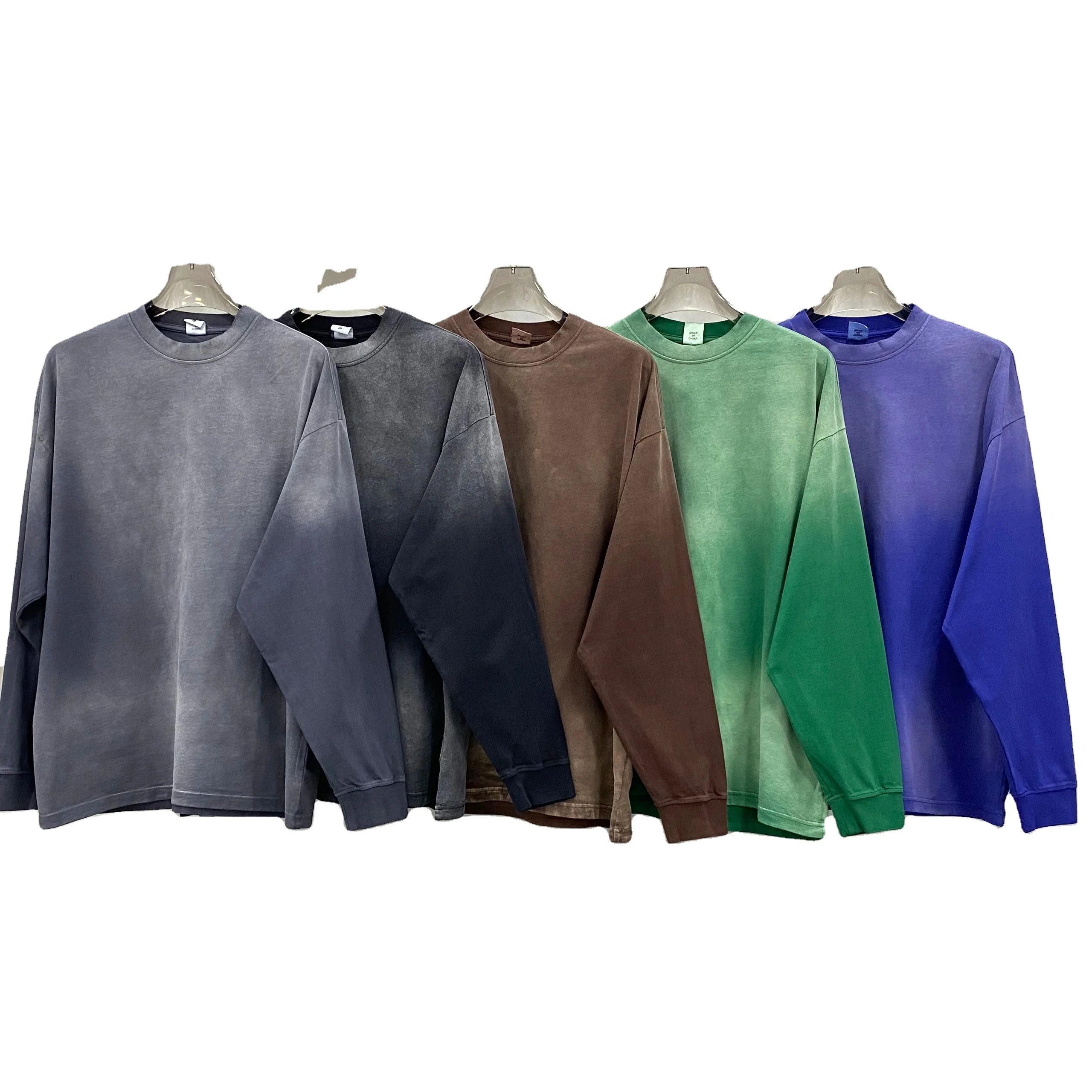 New Fashion 100% Cotton Character Washed Vintage Retro Sun Faded Oversized Long Sleeve T-shirts