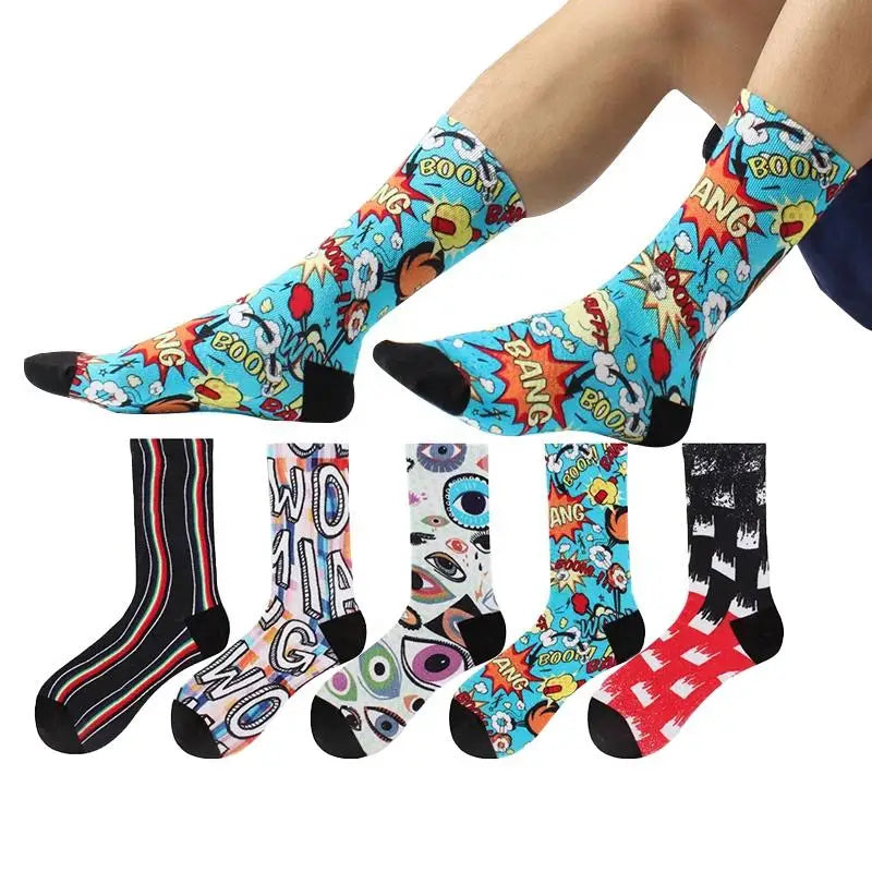 Wholesale 3D Digital Printed Comic Graffiti Socks Men Unisex Trendy Hip Hop Skateboard Crew Socks