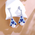 Elegant Shiny Blue White Cubic Zircon Simulated Pearl Geometric Long Dangle Drop Bridal Wedding Earrings Jewelry for Women