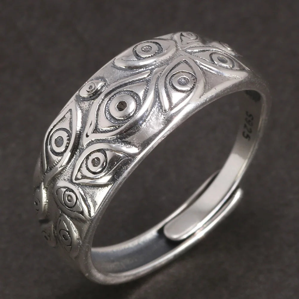 Genuine 925 Sterling Silver Rings Punk for Men and Women Evil Eye Pattern Adjustable Vintage High-quality  Jewelry
