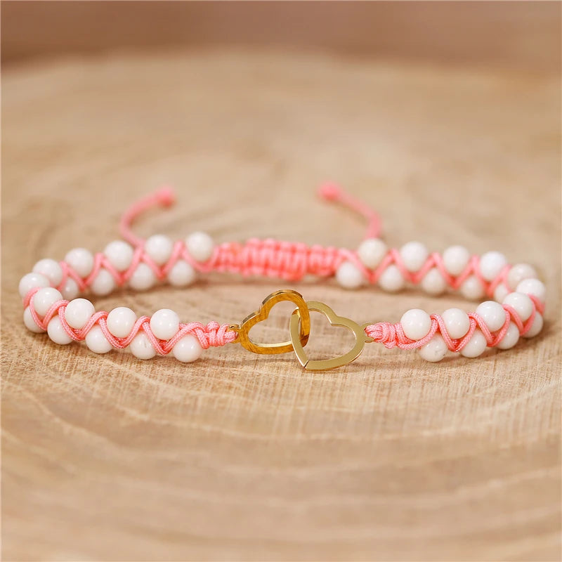 YueTong Stainless Steel Crossed Heart Charm Bracelet Natural Stone Bead Braided Bracelet Lover Couple Bracelet Jewelry Wholesale
