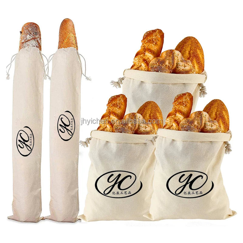 Custom Logo Eco-friendly Cotton Bread Food Storage Canvas Bag Plain Cotton Baguettes Bag with Drawstring