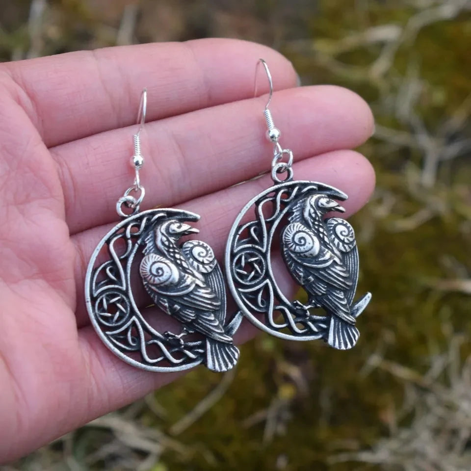 Custom Personality Vintage Pentagram Nature Moon Raven Crow Bird Earrings