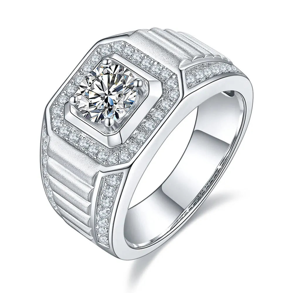 1CT S925 Sterling Silver Ring Men's Fashion Wide Surface Inlaid Moissanite Ring Jewelry