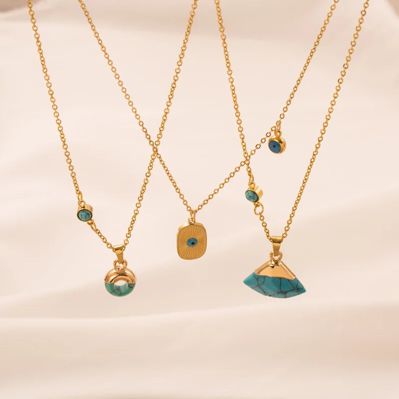 Fashion Jewelry Turquoise Pendant Necklace Retro Stainless Steel Turquoise Gold Pendant Necklace Jewelry