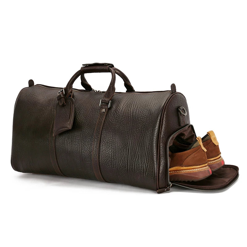 Custom Vintage Business Duffle Garment Men Leather Overnight Duffel Bag Weekender Luggage Travel Bag With Shoe Compartment