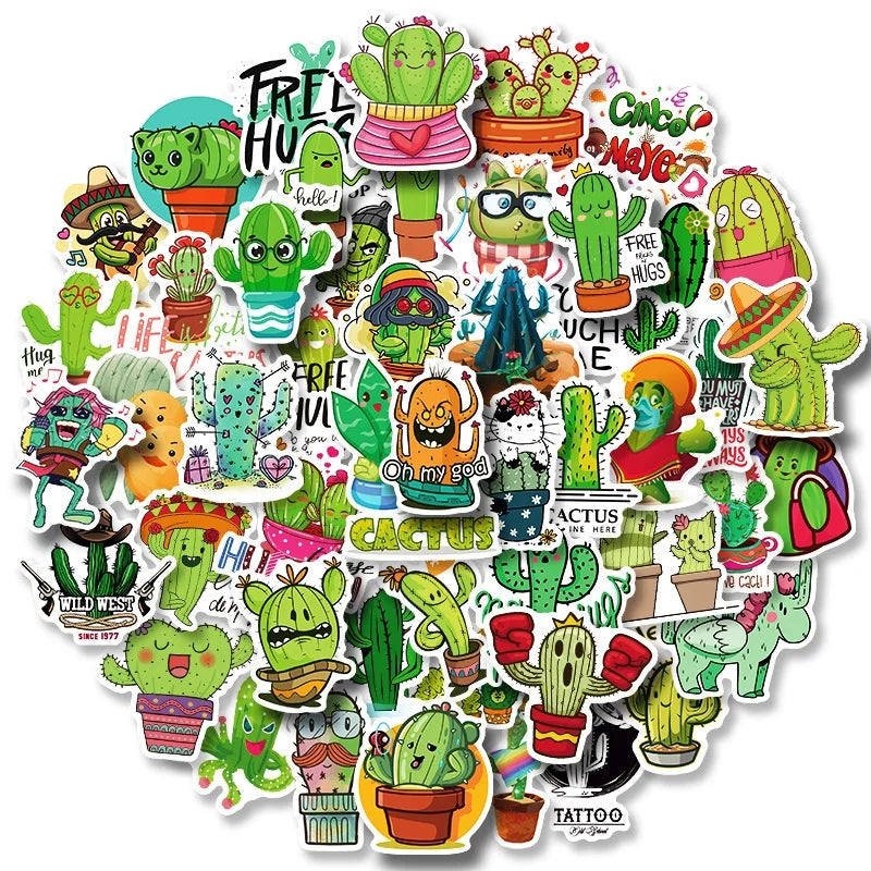 50Pcs Cute Cactus Plants Funny Sticker for Girl Children Playing Diy Decorative Paper Decals Cartoon Stickers Custom