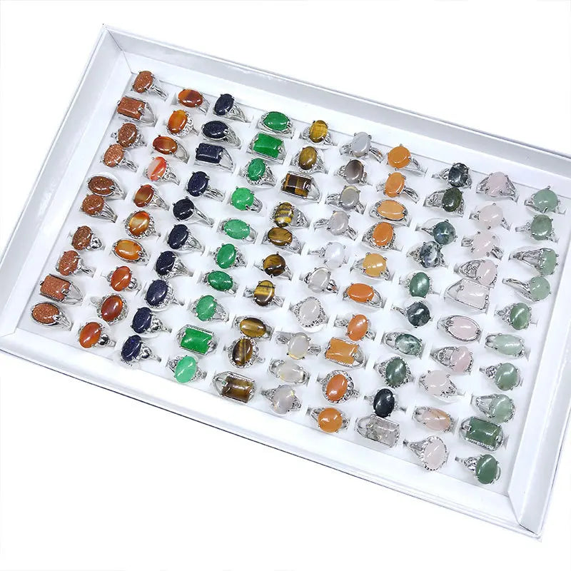 Factory Wholesale Natural Stone Rose Quartz Tiger Eye Aventurine Moss Agate Crystal Ring for Women and Men