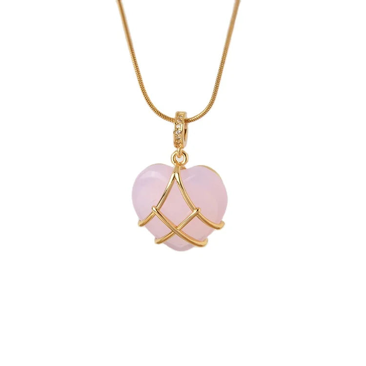 G1465 Wholesale Gold Plated Love Pendant Zircon Castle Natural Stone Opal Powder Crystal Peach Heart Shape Rose Quartz Necklace