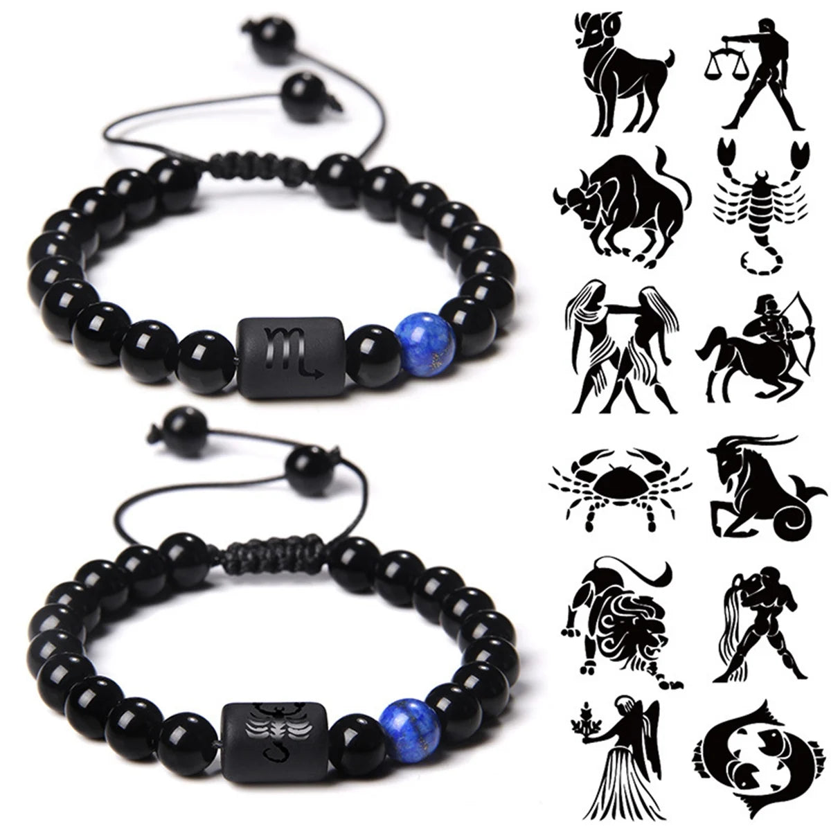 Adjustable 12 Zodiac & 7 Chakra Beaded Bracelet 8mm Natural Black Onyx High Standard Religious Bangles Gifts Weddings Parties