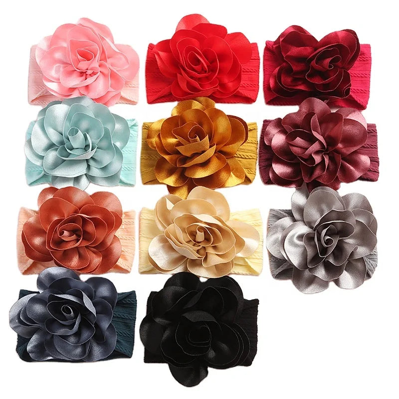 HOT SALE!!! Hair Accessories Big Flower Headwrap Nylon Headband Chiffon Flower or Wedding Satin Headwrap Infant Hair Headband