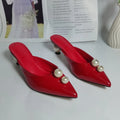 Elegant Patent Leather  Mules Slingback Red Pointed Toe Big Size 43 Pearl High Heels Pumps Sandals Shoes for Women