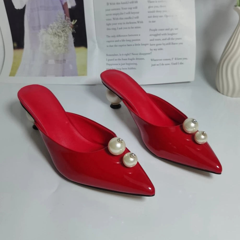 Elegant Patent Leather  Mules Slingback Red Pointed Toe Big Size 43 Pearl High Heels Pumps Sandals Shoes for Women
