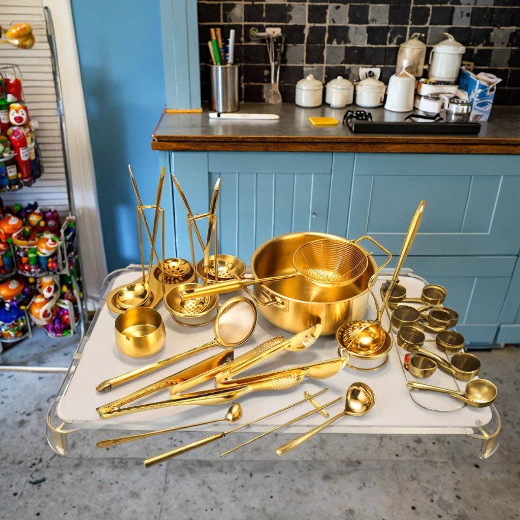 Golden Hotel Restaurant Commercial 304 Stainless Steel Hot Pot Soup Colander Tableware Series with Laser Logo Metal Spoons