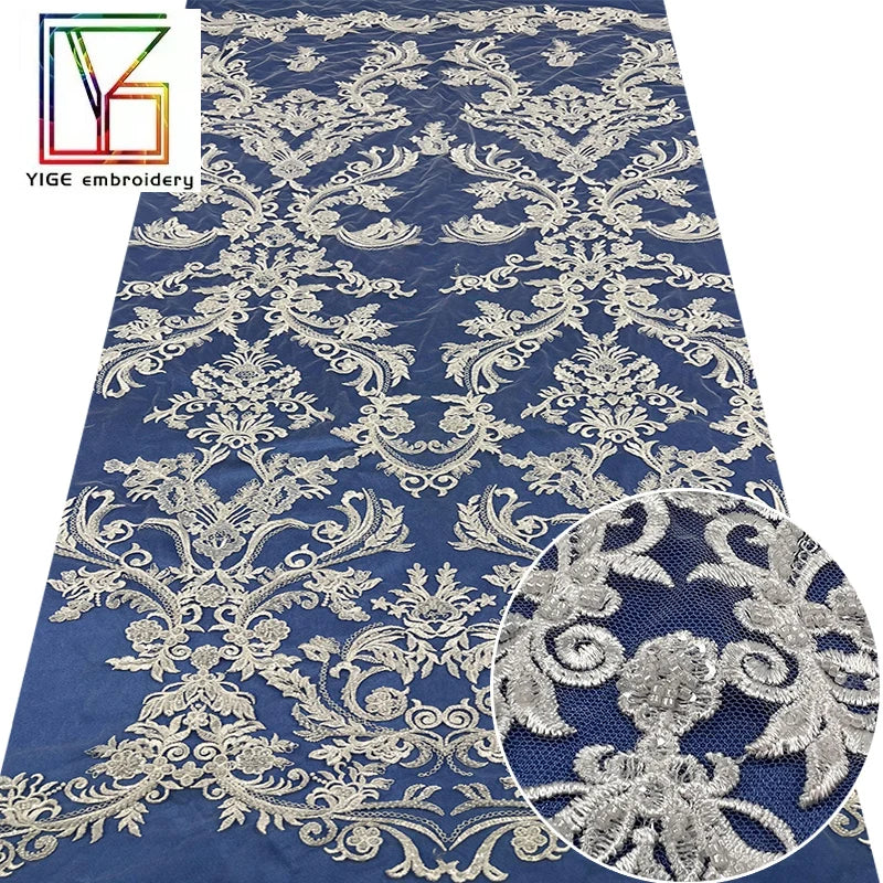 New White Lace Luxury Sequin Beaded Fabric 3d Mesh Bridal Lace Fabric for Women Evening Dress Wedding Tulle Embroidery Fabric