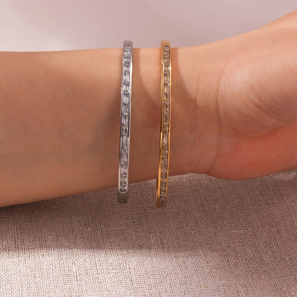 Wholesale 18K Gold Plated Cuff Bracelet Diamond Bezel Tarnish Free Waterproof PVD Bangle